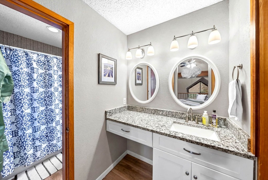 805-119 Highway 534 Loop Kerrville, TX 78028 - Photo 17 of 23 a bathroom with a granite countertop sink and a mirror