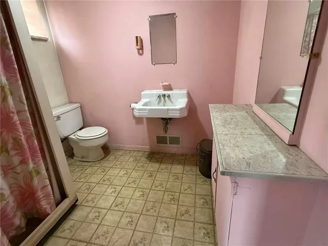 a bathroom with a sink a toilet and a mirror
