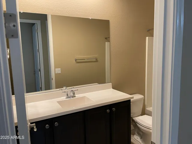 a bathroom with a sink a toilet a mirror and vanity
