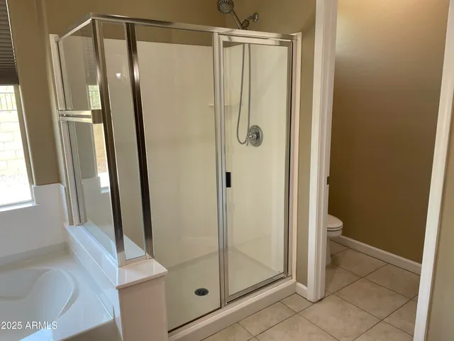 a bathroom with a shower and toilet
