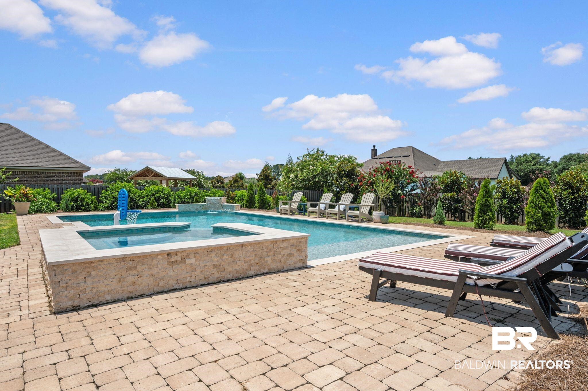 409 Fortune Drive Fairhope, AL 36532 - Photo 38 of 42 Outdoor living area featuring a rectangular swimming pool with an integrated spa, surrounded by extensive paver patio surfacing