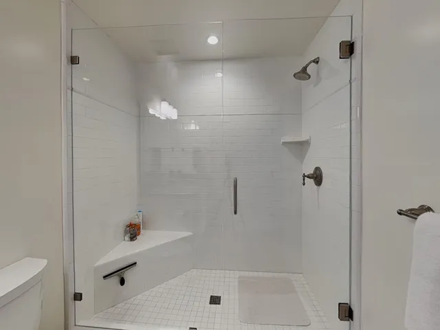 a bathroom with a shower and toilet