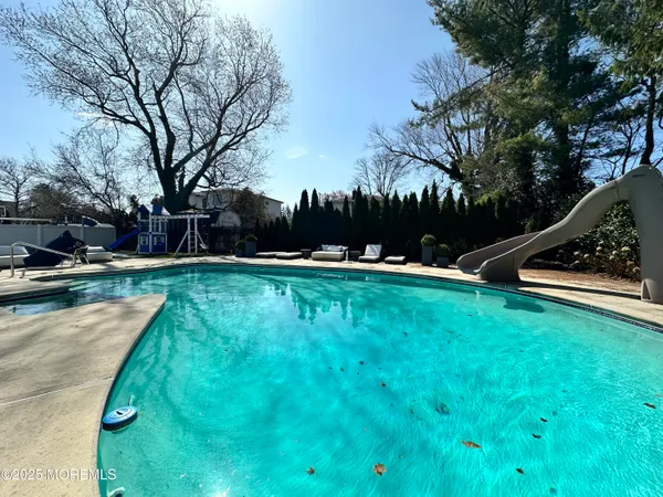 a view of a swimming pool with a yard and plants