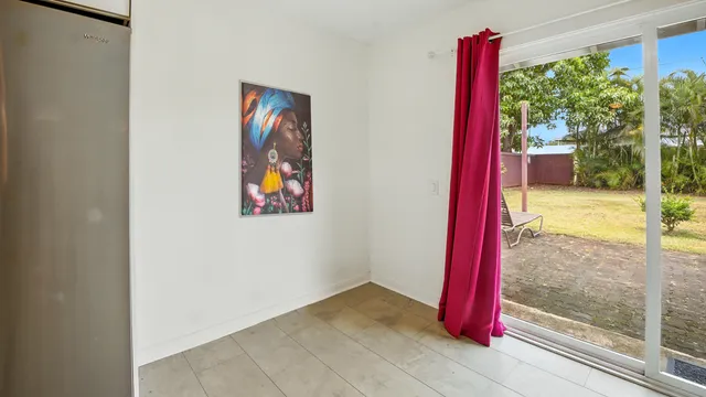 a view of a hallway with a big yard and plants