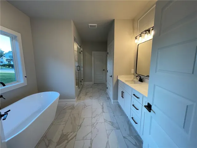 a bathroom with a double vanity sink a mirror and a bathtub