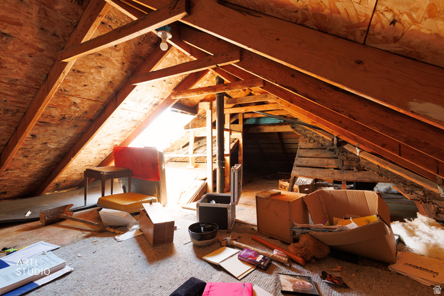 330 West 600th Street South Provo, UT 84601 - Photo 18 of 26 Exposed wood framing and oriented strand board sheathing define this attic space, featuring a skylight that introduces natural illumination
