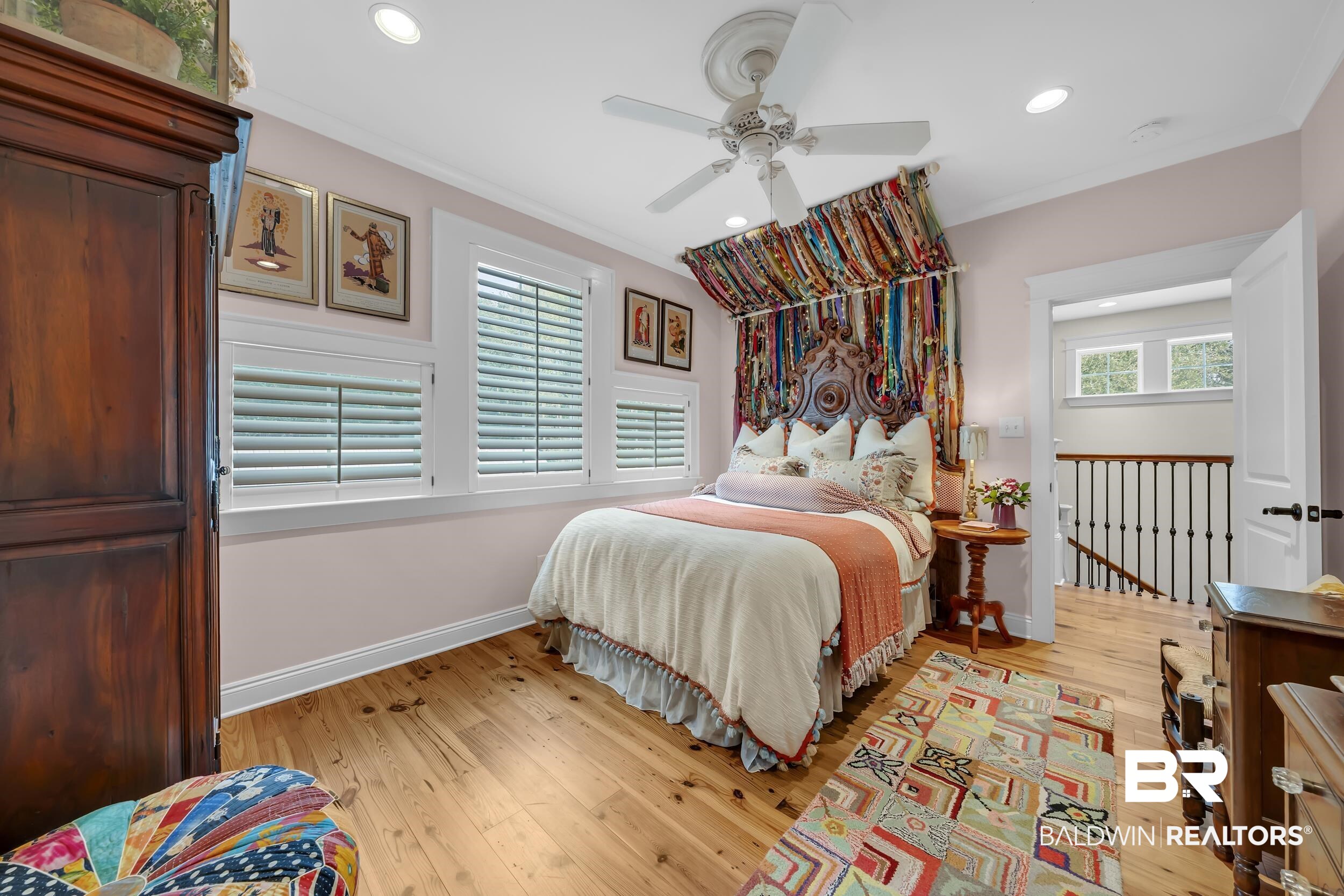 12161 Jessamine Street Magnolia Springs, AL 36555 - Photo 35 of 70 Bedroom featuring light wood-style flooring, crown molding, ceiling fan, and recessed lighting