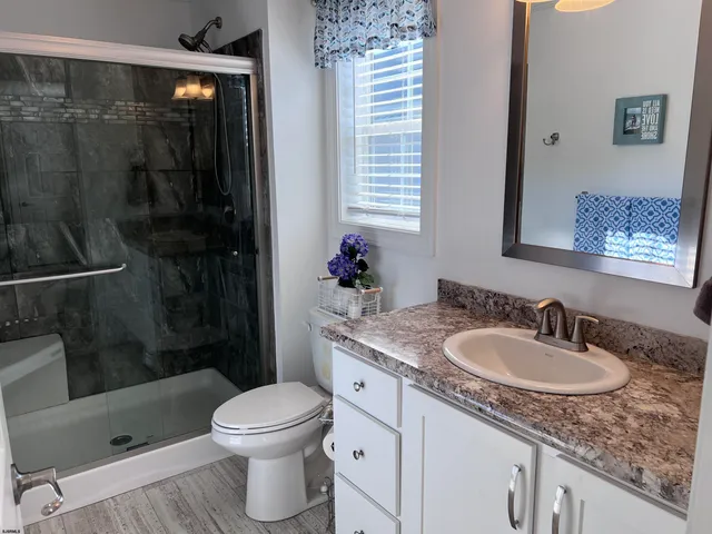 a bathroom with a sink a toilet and shower