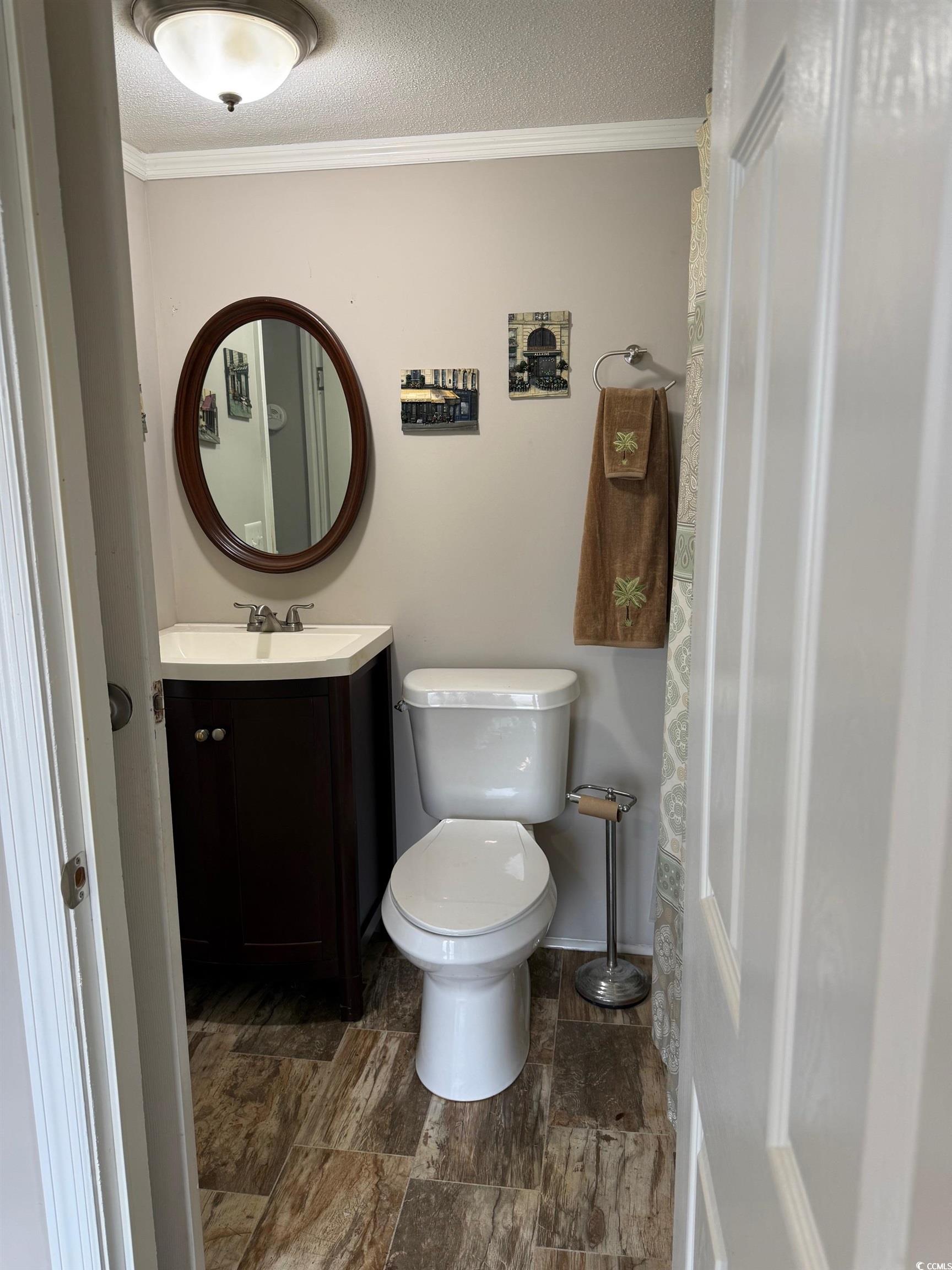 2709 Orion Drive Myrtle Beach, SC 29575 - Photo 26 of 27 Full bath with a shower with curtain, a textured ceiling, vanity, and crown molding