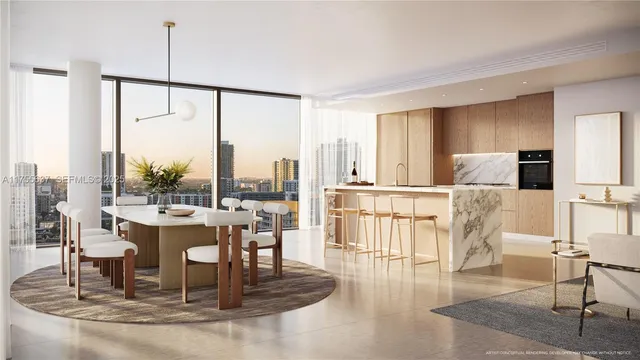 a living room with couches chairs and large dining table with wooden floor