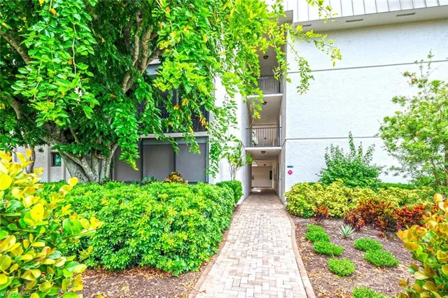 a garden view with a seating space