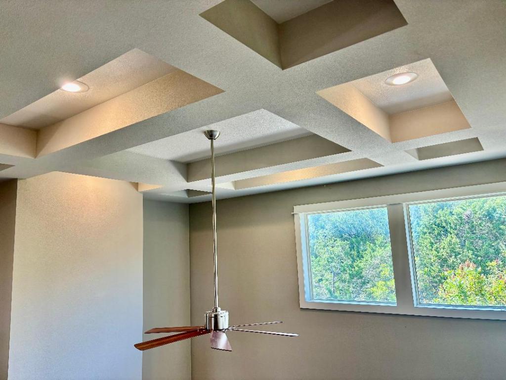 Undisclosed Address Dripping Springs, TX 78620 - Photo 9 of 19 Detailed view of coffered ceiling, recessed lighting, a ceiling fan, and beamed ceiling