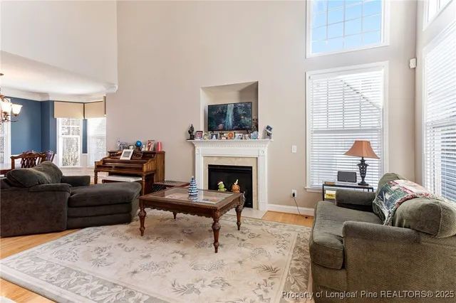 a living room with furniture windows and a fireplace