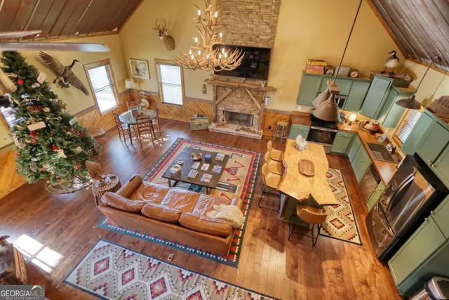 a view of a lake with a yard