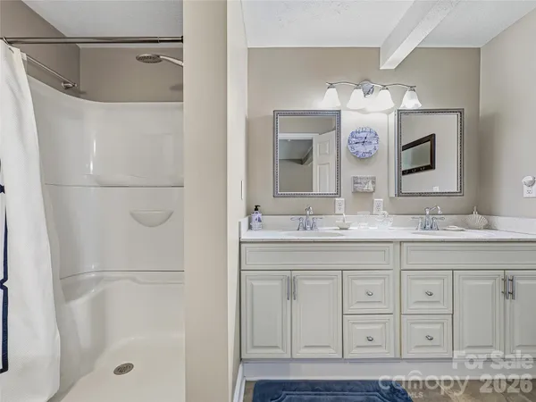 a bathroom with a shower sink and mirror