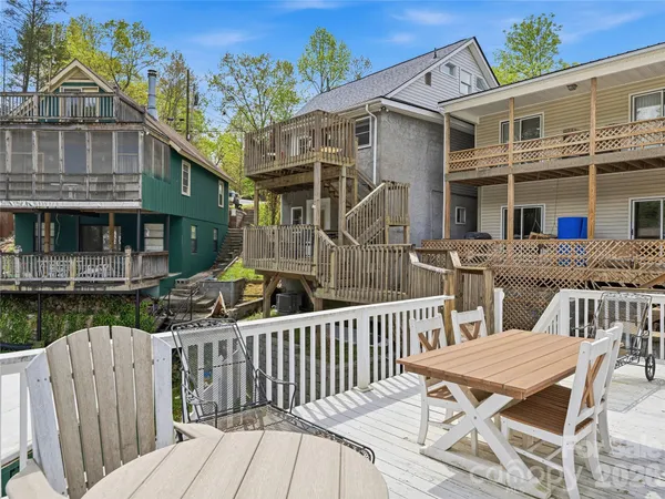 a view of a lake with a terrace