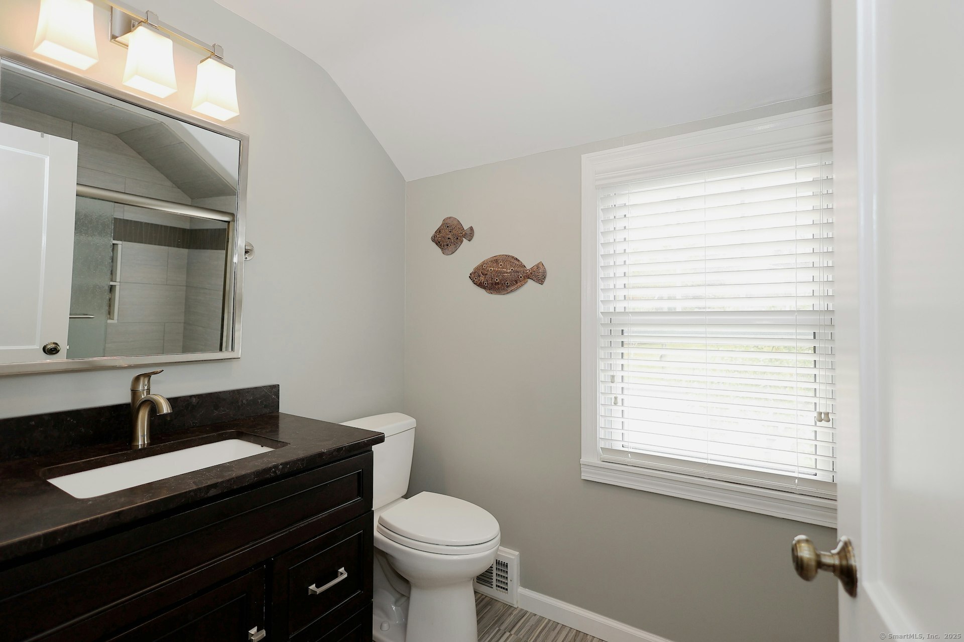 100 Overhill Road Fairfield, CT 06824 - Photo 30 of 40 a bathroom with a sink vanity granite toilet and a mirror