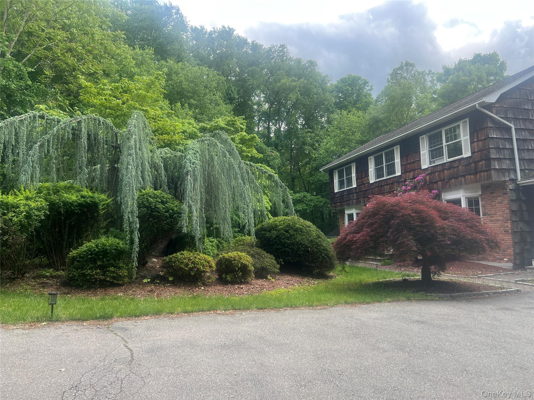 a view of a house with a yard and large trees