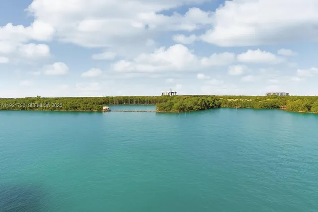 a view of a lake with houses in the back