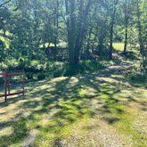 a backyard of a house with swimming pool and large trees