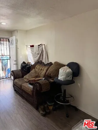 a living room with furniture and a lamp