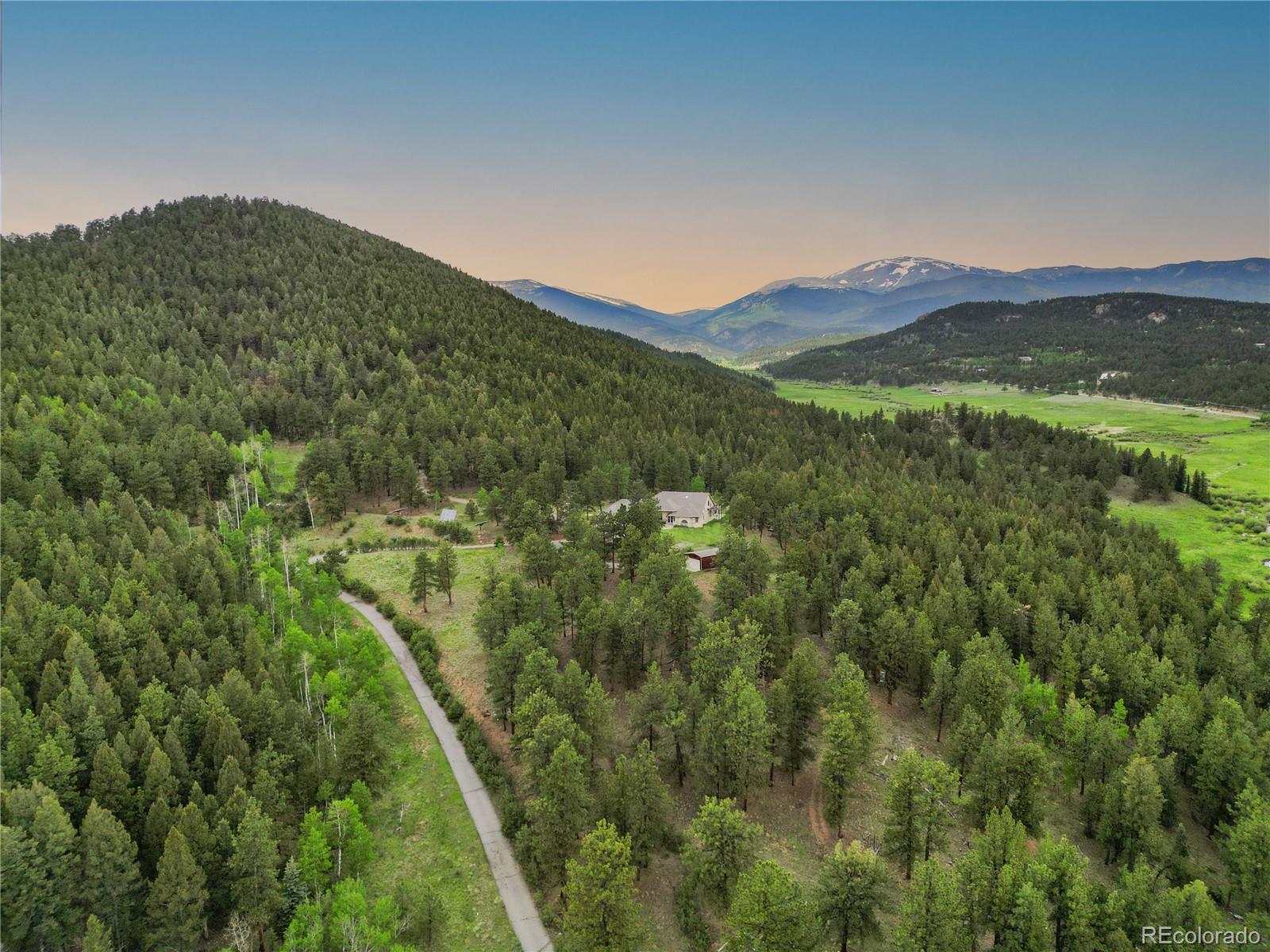 a view of a lush green field with a mountain in the background