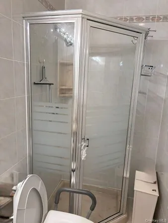 a bathroom with a shower and toilet