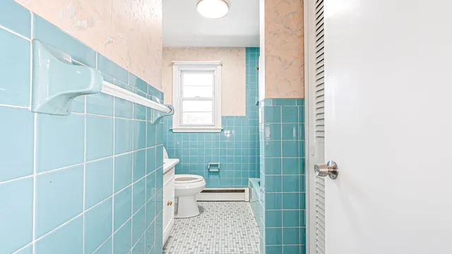a bathroom with a toilet and a shower