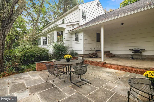 a view of a patio with table and chairs potted plants and large tree