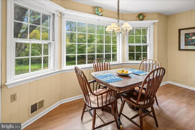 a view of a dining room with furniture window and wooden floor