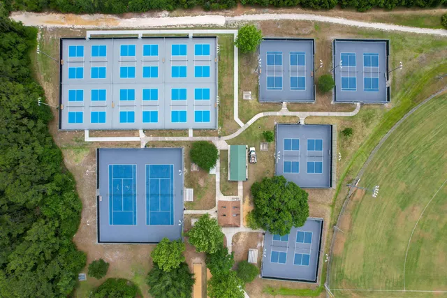 an aerial view of a house with a swimming pool