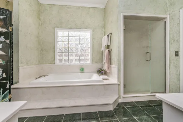 a bathroom with a bathtub and a shower