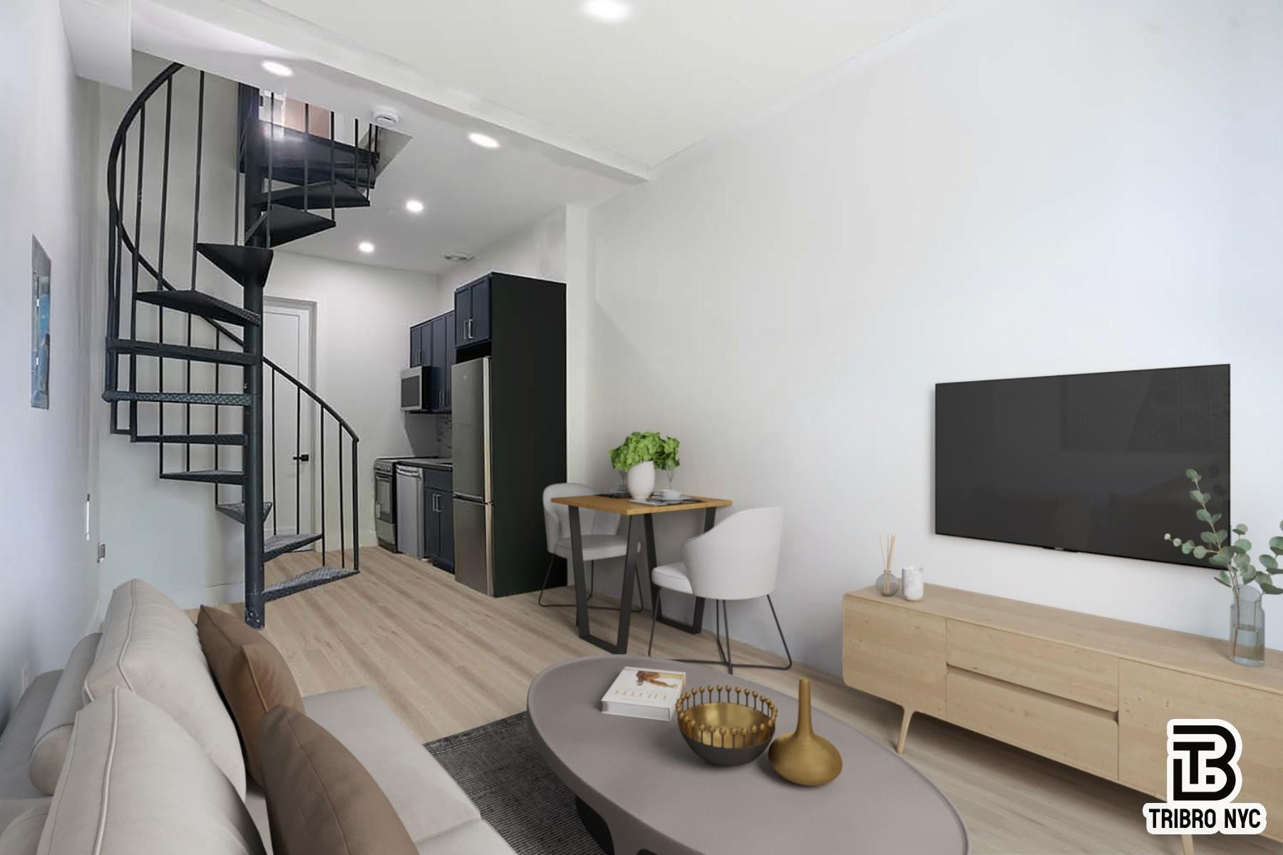 141 Meserole Street, Unit 4B Brooklyn, NY 11206 - Photo 2 of 9 a living room with furniture and a flat screen tv