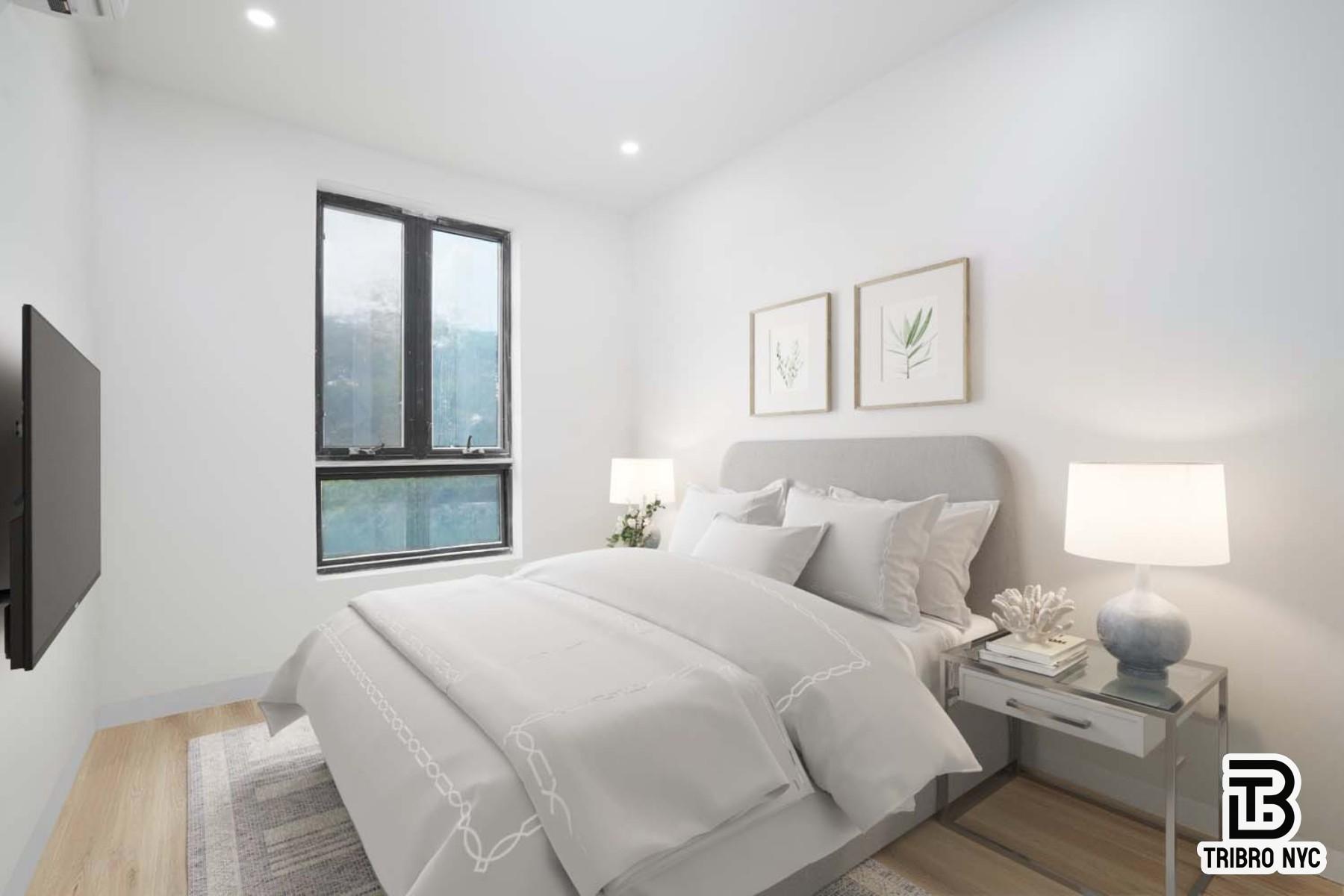 141 Meserole Street, Unit 4B Brooklyn, NY 11206 - Photo 3 of 9 a bedroom with a bed and a mirror