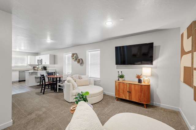 6231 Winding Way, Unit K105 Hurricane, UT 84737 - Photo 3 of 20 Living area with light colored carpet and a textured ceiling