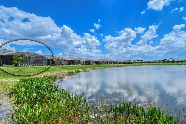 a view of a lake with a big yard