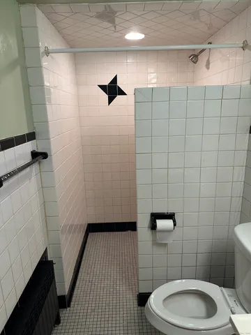 a bathroom with a toilet and a shower