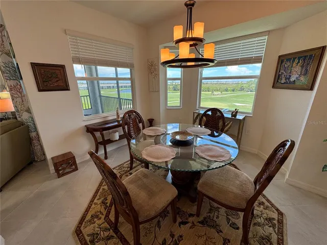 a view of a dining room with furniture window and outside view