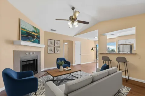 a living room with furniture and a fireplace