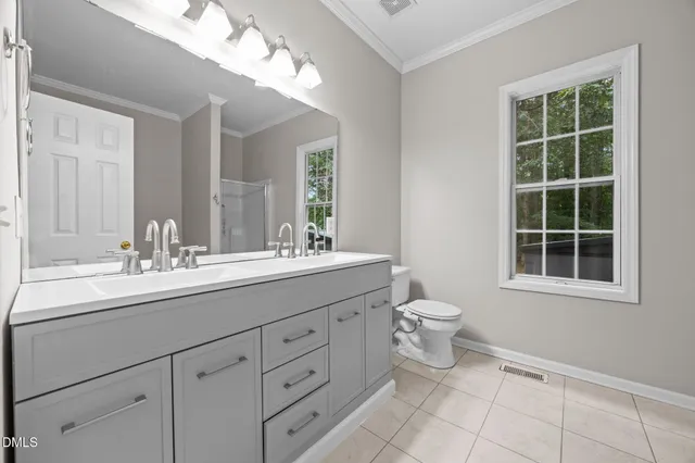 a bathroom with a double vanity sink a toilet and a mirror