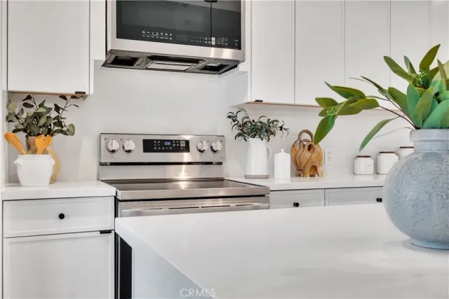 a kitchen with a potted plant on the counter and cabinets