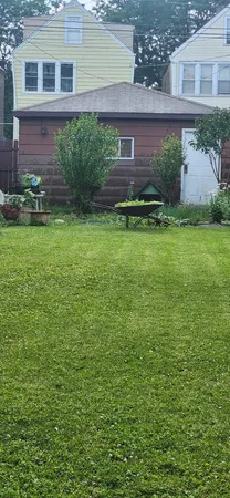 a view of a big yard with plants and large trees