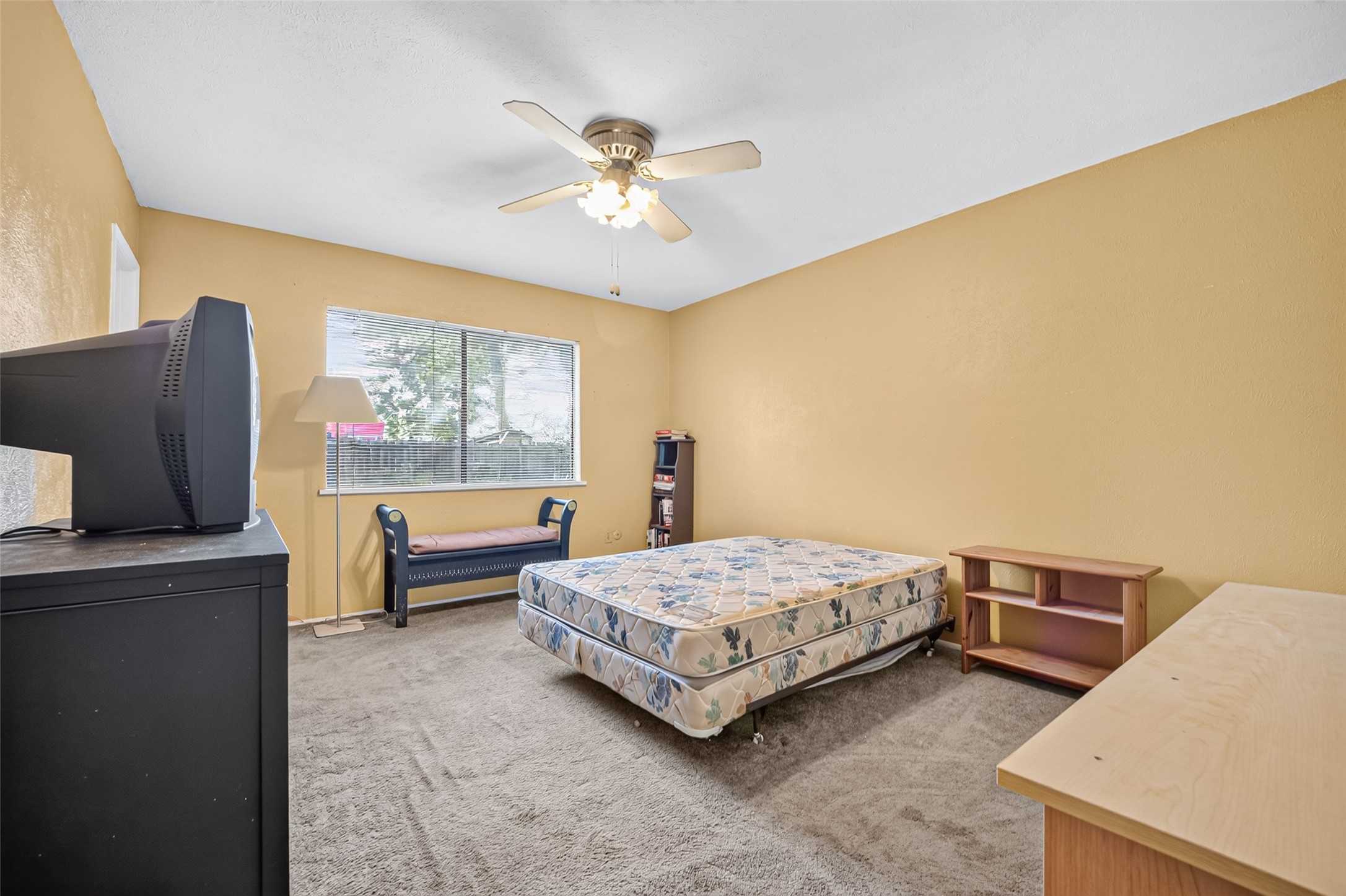 22926 Millgate Drive Spring, TX 77373 - Photo 24 of 34 This spacious bedroom features neutral walls, carpeted flooring, a ceiling fan, and a large window for natural light. It includes a mattress, TV, and basic furniture, offering a cozy and functional space.