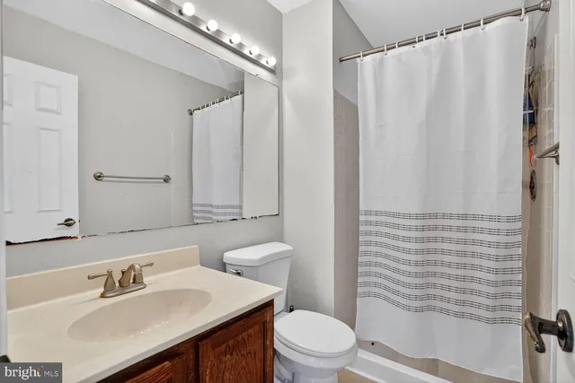 a bathroom with a sink a toilet a mirror and shower curtain