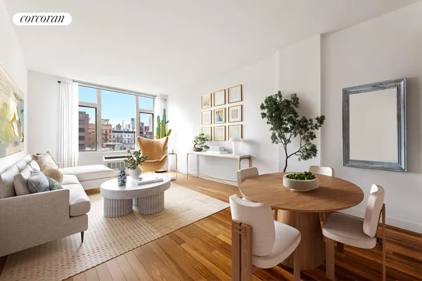 a living room with furniture and a potted plant