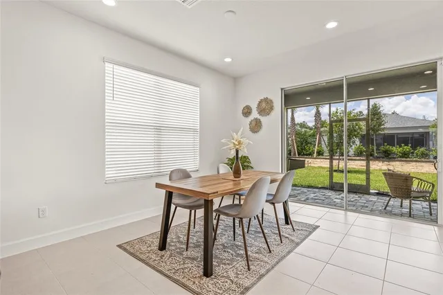 a view of a dining room with furniture window and outside view