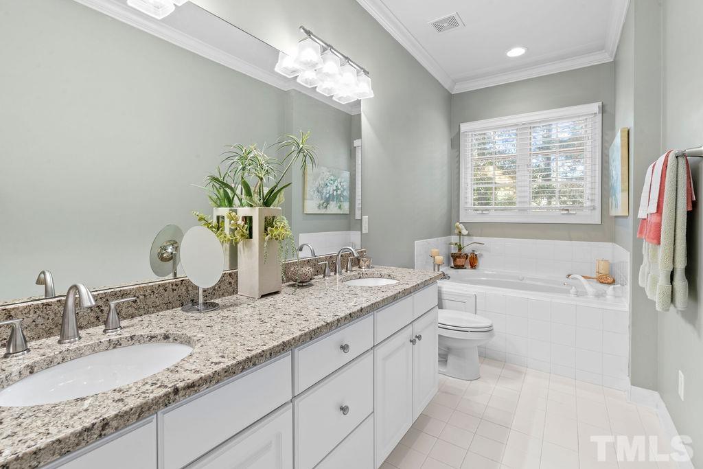 1303 Cameron View Court Raleigh, NC 27608 - Photo 20 of 30 a bathroom with a granite countertop sink a toilet and bathtub