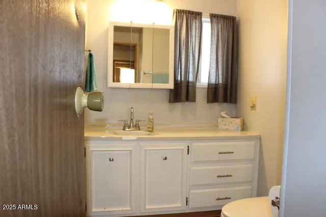 a bathroom with a sink a toilet and a mirror