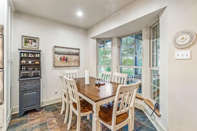 a view of a dining room with furniture window and outside view