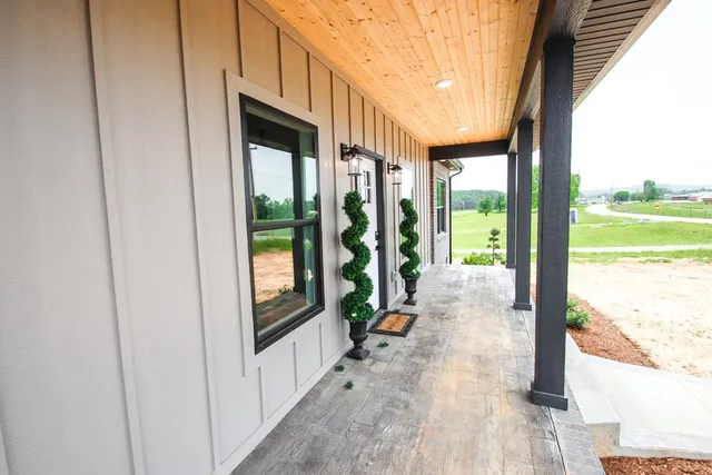 a porch with seating space